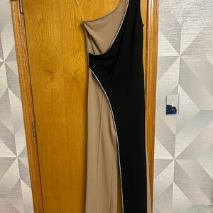 Elegant Black and Tan Asymmetrical Dress